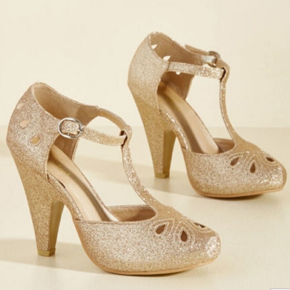 ModCloth gold glitter Zest T-Strap Heel